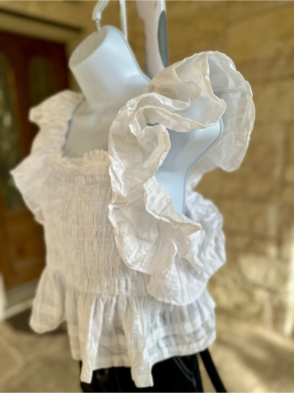 Banana Republic White Smocked Ruffle Sleeve Peplum Top